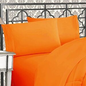 Elegant Comfort Luxurious 1500 Premium Hotel Quality Microfiber Three Line Embroidered Softest 4-Piece Bed Sheet Set, Wrinkle and Fade Resistant, Queen, Orange