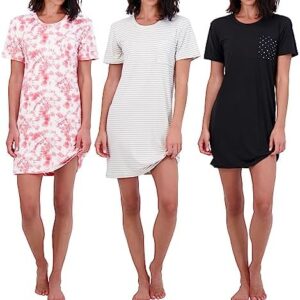 Real Essentials 3 Pack: Women's Nightshirt Short Sleeve Soft Nightgown Sleep Dress With Pocket (Available In Plus Size)