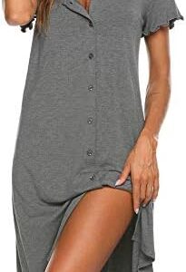 Ekouaer Women's Nightshirt Short Sleeve Button Down Nightgown V-Neck Sleepwear Pajama Dress