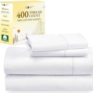 California Design Den Full Size Bed Sheets, 400 Thread Count 100% Cotton Sheets Sateen, Deep Pocket Full Size Sheet Sets, Extra Soft 4-Pc Breathable & Cooling Sheets (White)