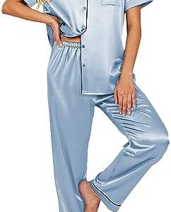 Ekouaer Silk Satin Pajamas Set Women Two-Piece Nightwear Short Sleeve Sleepwear Soft Button Down Loungewear Pjs Set